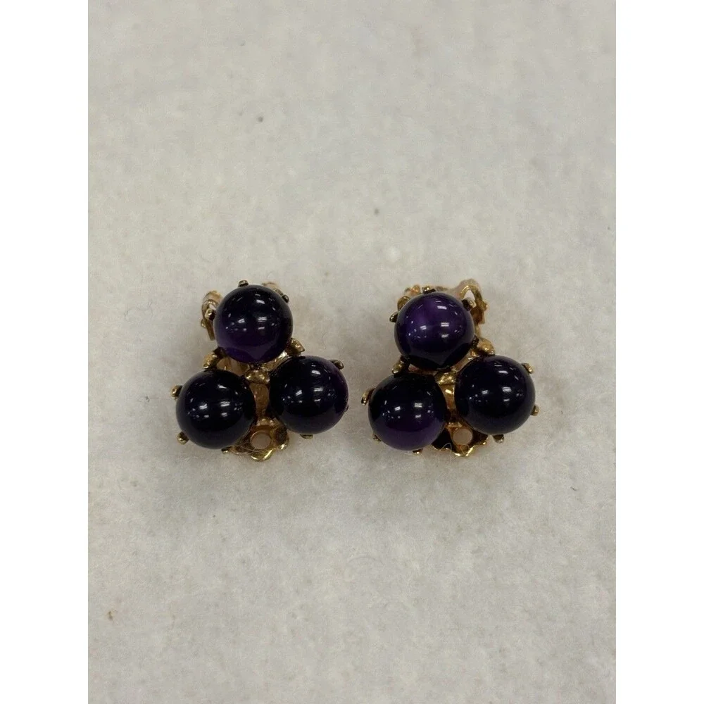 Vintage Purple Grape Cluster Brooch Pin & Clip Earrings Demi Parure Set